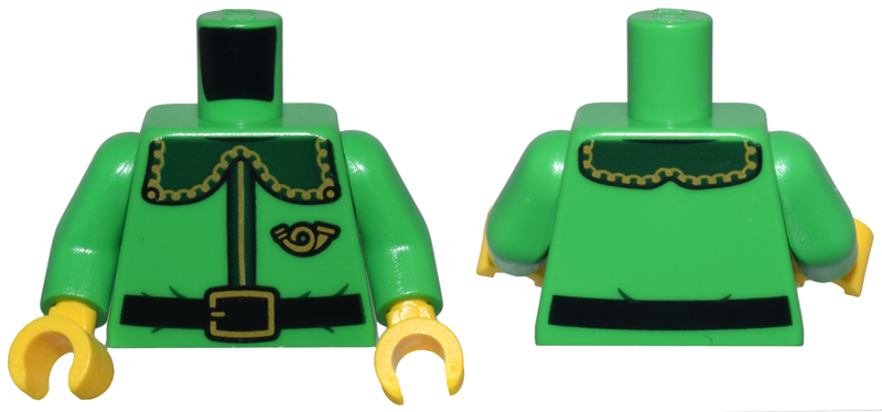 Torso Coat with Dark Green Collar with Gold Trim and Mail Horn, and Black Belt Pattern / Bright Green Arms / Yellow Hands