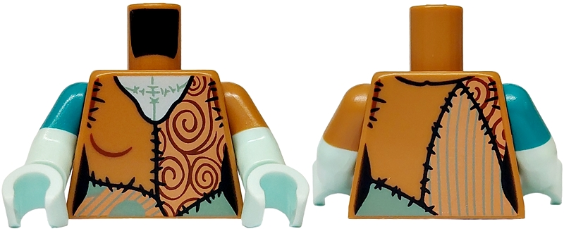 Torso Female Patchwork Ragdoll with Large Spirals Pattern / Light Aqua Arm Left with Medium Nougat Short Sleeve / Light Aqua Arm Right with Dark Turquoise Short Sleeve / Light Aqua Hands