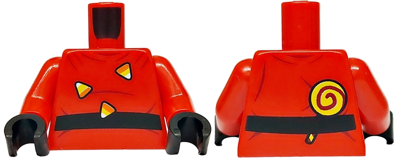 Torso Black Belt, Dark Red Creases, Candy Corn, Spiral Lollipop on Back Pattern / Red Arms / Black Hands