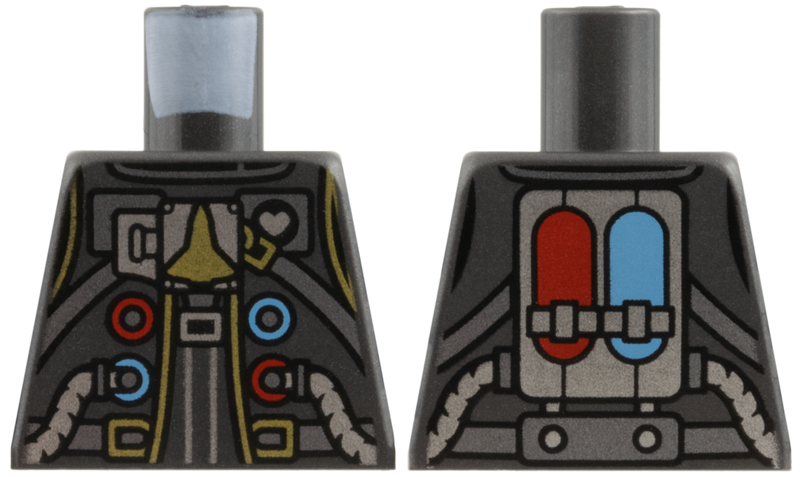 Torso Spacesuit, Dark Silver Belt and Straps, Silver Hoses, Gold Space Shuttle, Buckle and Trim, Red and Medium Blue Circles and Ovals on Back Pattern