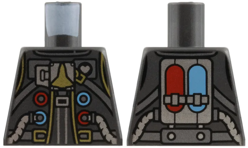 Torso Spacesuit, Dark Silver Belt and Straps, Silver Hoses, Gold Space Shuttle, Buckle and Trim, Red and Medium Blue Circles and Ovals on Back Pattern