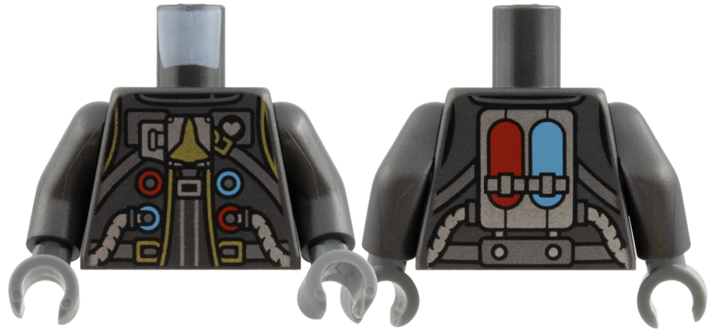 Torso Spacesuit, Dark Silver Belt and Straps, Silver Hoses, Gold Space Shuttle, Buckle and Trim, Red and Medium Blue Circles and Ovals on Back Pattern / Pearl Dark Gray Arms / Dark Bluish Gray Hands