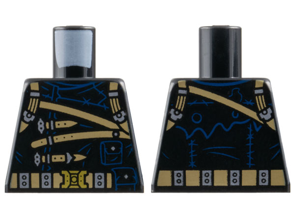 Torso Coat with Dark Tan Belt and Straps, Silver and Gold Buckles, Blue Outline Hems and Pouches Pattern