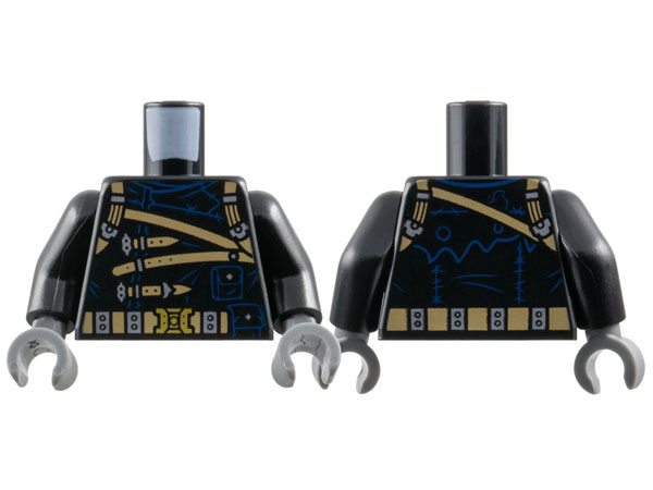 Torso Coat with Dark Tan Belt and Straps, Silver and Gold Buckles, Blue Outline Hems and Pouches Pattern / Black Arms / Dark Bluish Gray Hands