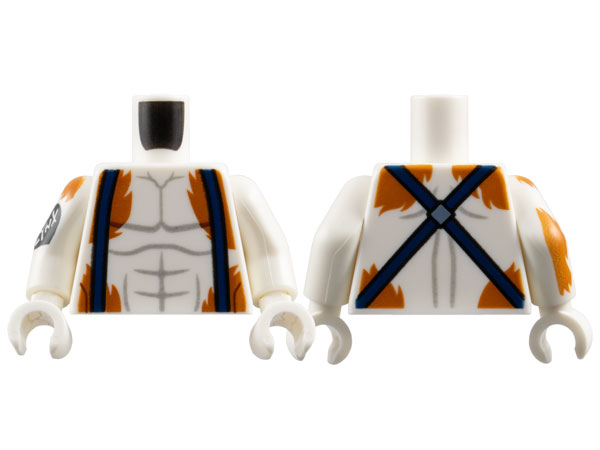 Torso Dark Bluish Gray Muscle Contours, Dark Blue Suspenders and Dark Orange Fur Pattern / White Arm Left / White Arm Right with 'LYNX' in Black Heart and Dark Orange Fur Pattern / White Hands