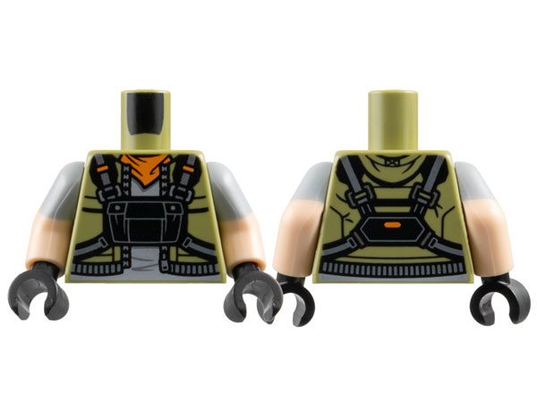 Torso Vest with Silver Zipper, Orange Scarf, Light Bluish Gray Shirt and Black Pouch with Straps Pattern / Light Nougat Arms with Molded Light Bluish Gray Short Sleeves Pattern / Black Hands