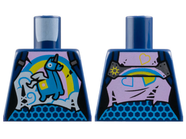 Torso Female Bright Pink Top with Dark Azure and Yellow Rainbow and Brite Unicorn and Hexagon Mesh Midriff Pattern