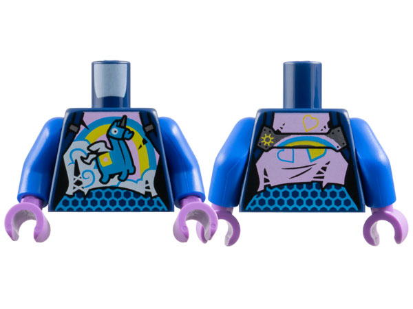 Torso Female Bright Pink Top with Dark Azure and Yellow Rainbow and Brite Unicorn and Hexagon Mesh Midriff Pattern / Blue Arms / Medium Lavender Hands