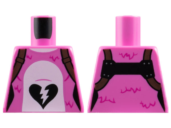 Torso Female Bear Costume with Dark Brown Shoulder Straps, Magenta Fur and Black Broken Heart in White Stomach Pattern