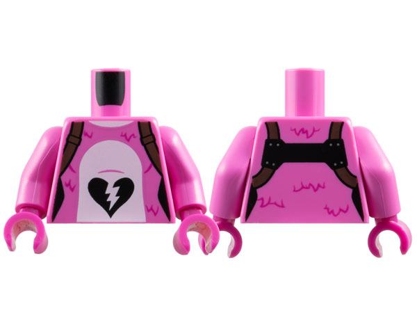 Torso Female Bear Costume with Dark Brown Shoulder Straps, Magenta Fur and Black Broken Heart in White Stomach Pattern / Dark Pink Arms / Magenta Hands