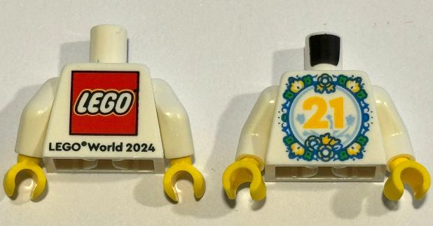 Torso LEGO World 2024 with Number 21 in Circle with Flowers and Leaves Pattern / White Arms / Yellow Hands