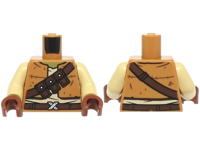 Torso Vest Open over Tan Shirt, Dark Brown Belt with Silver Buckle, Strap with Pouches, Olive Green Neck Pattern / Tan Arms / Reddish Brown Hands