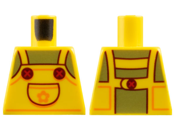 Torso Overalls with Pocket, Olive Green Chest, Reddish Brown Lines and Buttons, Orange Trim and Flower Pattern