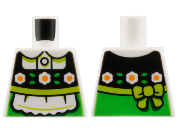 Torso Dutch Dress, White and Orange Flowers on Black Panel, Apron, Lime Sash and Bright Green Trim Pattern