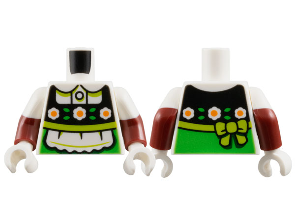 Torso Dutch Dress, White and Orange Flowers on Black Panel, Apron, Lime Sash and Bright Green Trim Pattern / Dark Red Arms with Molded White Short Sleeves Pattern / White Hands