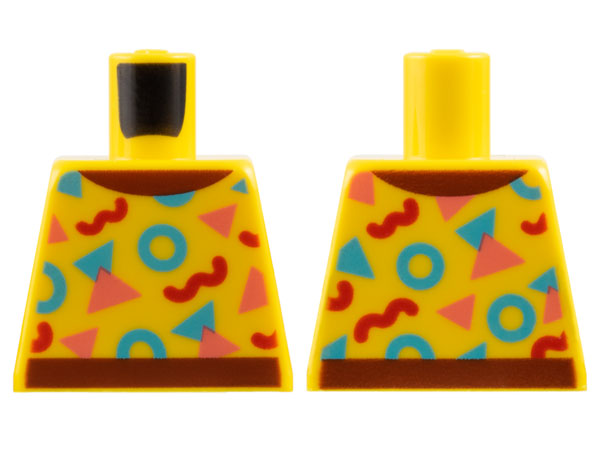 Torso Top with Reddish Brown Collar and Hem, Bright Light Blue, Coral, and Red Circles and Triangles Pattern