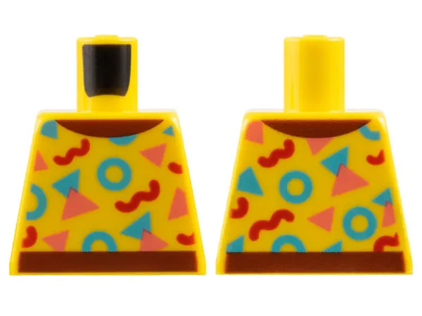 Torso Top with Reddish Brown Collar and Hem, Bright Light Blue, Coral, and Red Circles and Triangles Pattern