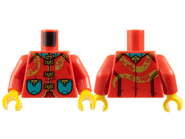 Torso Tang Jacket, Dark Turquoise Collar and Pockets, Gold Clasps, Trim, and Snake Wrapped Around Pattern / Red Arms / Yellow Hands