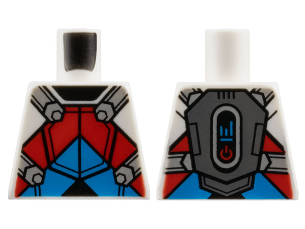 Torso Armor with Black Neck, Dark Azure and Red Chevrons, Light Bluish Gray Straps and Dark Bluish Gray Jet Pack on Back Pattern