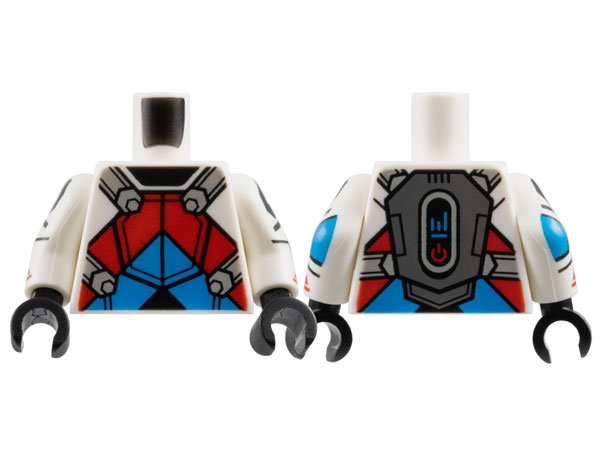 Torso Armor with Black Neck, Dark Azure and Red Chevrons, Light Bluish Gray Straps and Dark Bluish Gray Jet Pack on Back Pattern / White Arms with Black Octagons, Dark Azure Elbows and Red Sport Mountain Logos Pattern / Black Hands