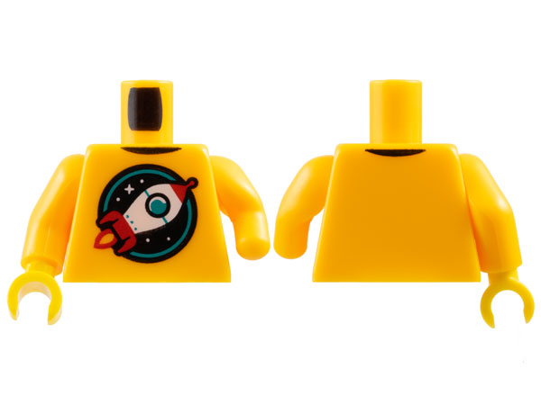 Torso Red and White Retro Space Rocket in Black and Dark Turquoise Circle with Stars Pattern / Bright Light Orange Arm Left with Congenital Defect, without Hand Hole / Bright Light Orange Arm Right / Yellow Hand Right