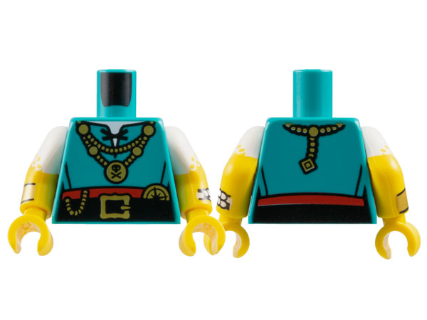 Torso Shirt with Black Laces and Belt, Red Skirt and Gold Necklaces, Buckle and Compass Pattern / Yellow Arms with Molded White Short Sleeves and Printed Yellow Dots and Bracelets Pattern / Yellow Hands