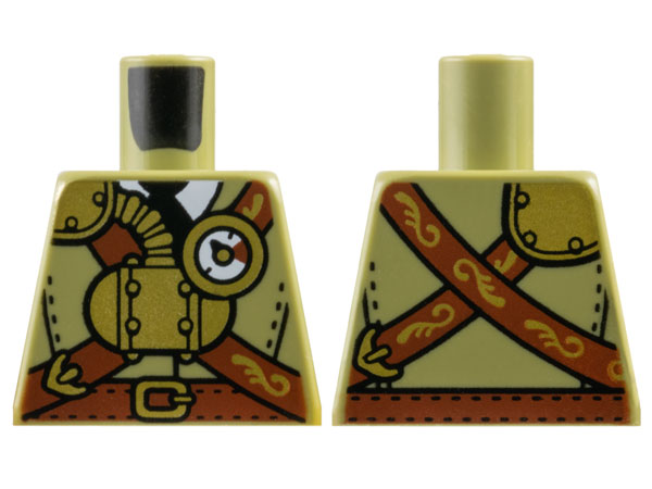 Torso Suit with Reddish Brown Belt and Crossbelt, Gold Steam Tank, Gauge and Buckles over White Shirt with Black Tie Pattern