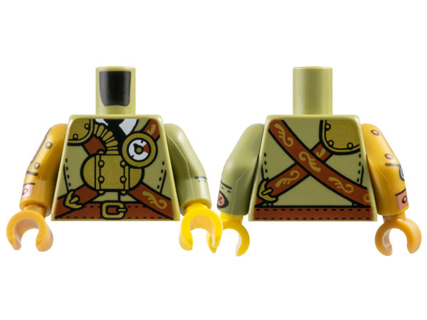 Torso Suit with Reddish Brown Belt and Crossbelt, Gold Steam Tank, Gauge and Buckles over White Shirt with Black Tie Pattern / Olive Green Arm Left with Black Seams and Stitches and Copper Button Pattern / Pearl Gold Arm Right with Copper and Silver Mechanical Joint Pattern / Yellow Hand Left / Pearl Gold Hand Right