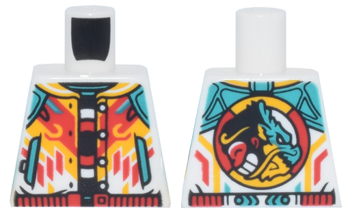 Torso Jacket Open with Pockets and Buttons, Red and Bright Light Orange Diagonal Lines, Red Waistband and Monkie Kid Emblem over Black Shirt Pattern