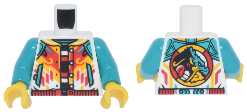 Torso Jacket Open with Pockets and Buttons, Red and Bright Light Orange Diagonal Lines, Red Waistband and Monkie Kid Emblem over Black Shirt Pattern / Dark Turquoise Arms / Yellow Hands