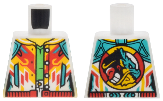 Torso Jacket Open with Pockets and Buttons, Red and Bright Light Orange Diagonal Lines, Red Waistband and Monkie Kid Emblem over Bright Green Shirt Pattern