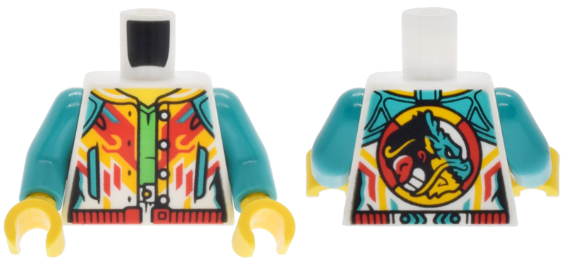 Torso Jacket Open with Pockets and Buttons, Red and Bright Light Orange Diagonal Lines, Red Waistband and Monkie Kid Emblem over Bright Green Shirt Pattern / Dark Turquoise Arms / Yellow Hands