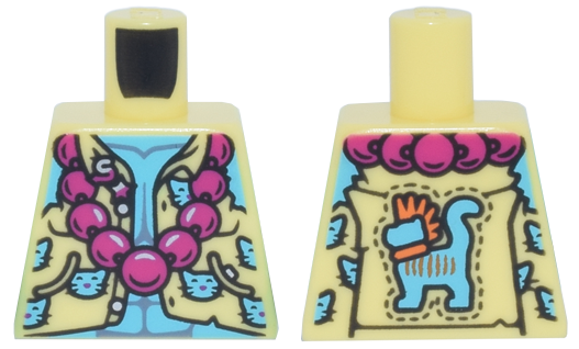 Torso Ripped Vest with Cats and Mo the Cat Emblem, Magenta Beaded Necklace over Medium Azure Bare Chest with Muscles Outline Pattern