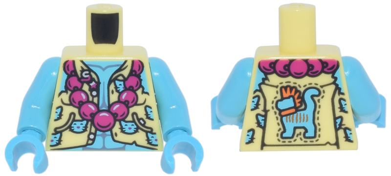 Torso Ripped Vest with Cats and Mo the Cat Emblem, Magenta Beaded Necklace over Medium Azure Bare Chest with Muscles Outline Pattern / Medium Azure Arms / Medium Azure Hands