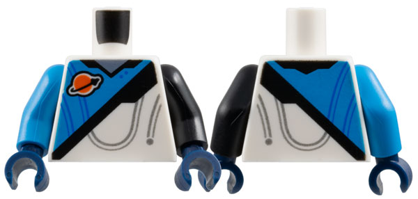Torso Spacesuit with Dark Azure Panel, Classic Space Logo, Black Stripe, and Sand Blue Collar Pattern / Black Arm Left / Dark Azure Arm Right / Dark Blue Hands
