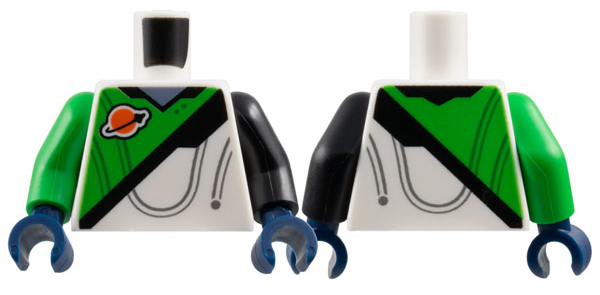 Torso Spacesuit with Bright Green Panel, Classic Space Logo, Black Stripe, and Sand Blue Collar Pattern / Black Arm Left / Bright Green Arm Right / Dark Blue Hands