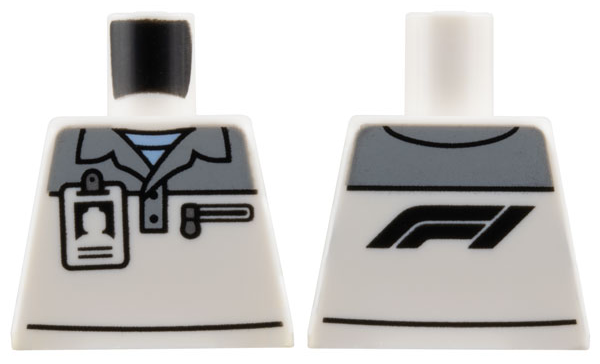 Torso Polo Shirt with Pocket with Zipper and Light Bluish Gray Collar and Shoulders over Bright Light Blue Undershirt, ID Badge, Black Formula 1 Logo Stylized 'F1' on Back Pattern