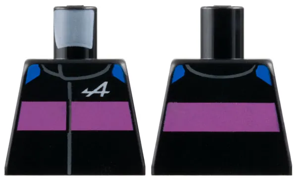 Torso Racing Suit with Blue Shoulders, Dark Pink Stripe and Alpine Formula 1 Logo Stylized White Capital Letter A Pattern