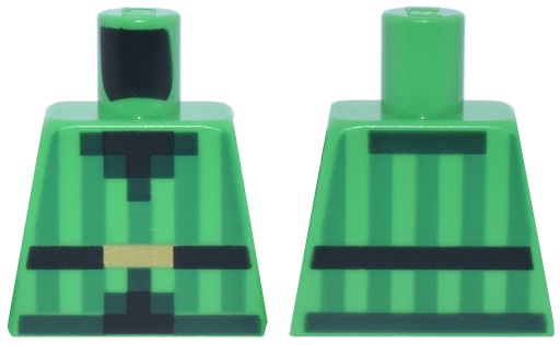 Torso Pixelated Vest with Green Vertical Stripes and Dark Green Trim over Black Shirt, Belt with Gold Buckle Pattern