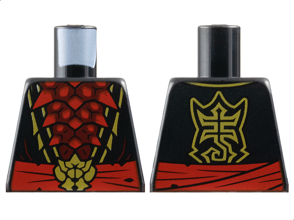 Torso Robe Open with Gold Trim over Dark Red Chest Exoskeleton Segments with Red Spikes, Waist Sash with Insect Head Buckle, Stylized Scorpion Logo on Back Pattern