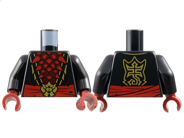 Torso Robe Open with Gold Trim over Dark Red Chest Exoskeleton Segments with Red Spikes, Waist Sash with Insect Head Buckle, Stylized Scorpion Logo on Back Pattern / Black Arms / Dark Red Hands