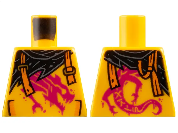 Torso Shirt with Pockets and Painted Magenta Dragon, Black Tattered Scarf, Orange Broken Suspenders with Gold Slides Pattern