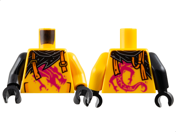 Torso Shirt with Pockets and Painted Magenta Dragon, Black Tattered Scarf, Orange Broken Suspenders with Gold Slides Pattern / Bright Light Orange Arm Left / Black Arm Right / Black Hands
