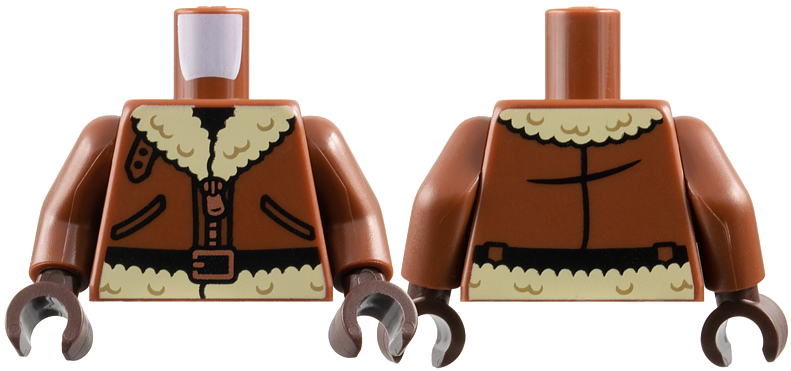 Torso Aviator Bomber Jacket with Pockets, Copper Zipper and Tan Fur Collar and Lining, Black Belt with Buckle Pattern / Reddish Brown Arms / Dark Brown Hands