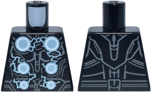 Torso Armor with 6 Metallic Light Blue and White Circles with Arcing Electricity, Dark Bluish Gray Contour Lines Pattern