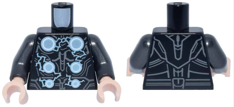 Torso Armor with 6 Metallic Light Blue and White Circles with Arcing Electricity, Dark Bluish Gray Contour Lines Pattern / Pearl Dark Gray Arms / Light Nougat Hands