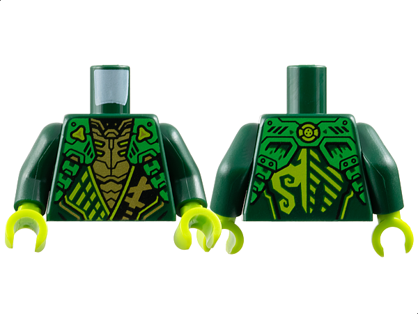 Torso Armored Tunic with Bright Green Shoulder Panels, Lime Trim and Gold Ninjago Logogram Letter L over Chest Armor, Energy Dragon Logo on Back Pattern / Dark Green Arms / Lime Hands