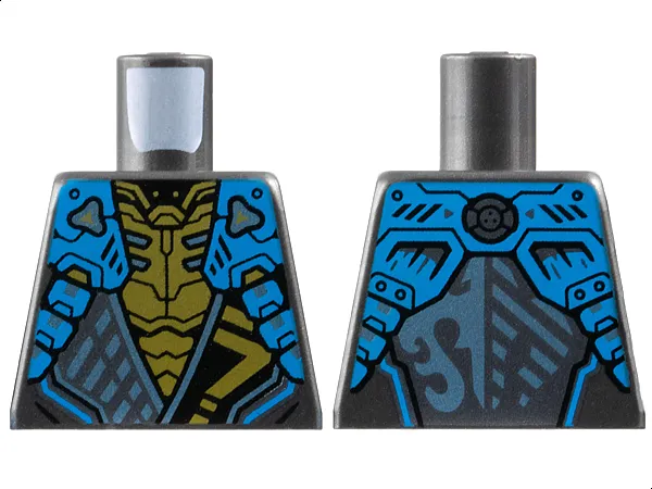 Torso Armored Tunic with Dark Azure Shoulder Panels, Metallic Light Blue Trim and Gold Ninjago Logogram Letter N over Chest Armor, Water Dragon Logo on Back Pattern