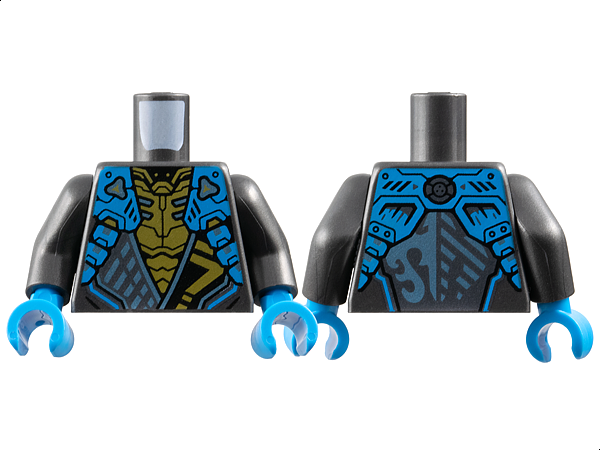 Torso Armored Tunic with Dark Azure Shoulder Panels, Metallic Light Blue Trim and Gold Ninjago Logogram Letter N over Chest Armor, Water Dragon Logo on Back Pattern / Pearl Dark Gray Arms / Dark Azure Hands