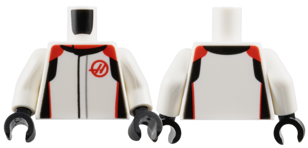 Torso Racing Suit with Black and Red Collar, Shoulders, Sides and Haas Formula 1 Logo Stylized Capital Letter H Pattern / White Arms / Black Hands